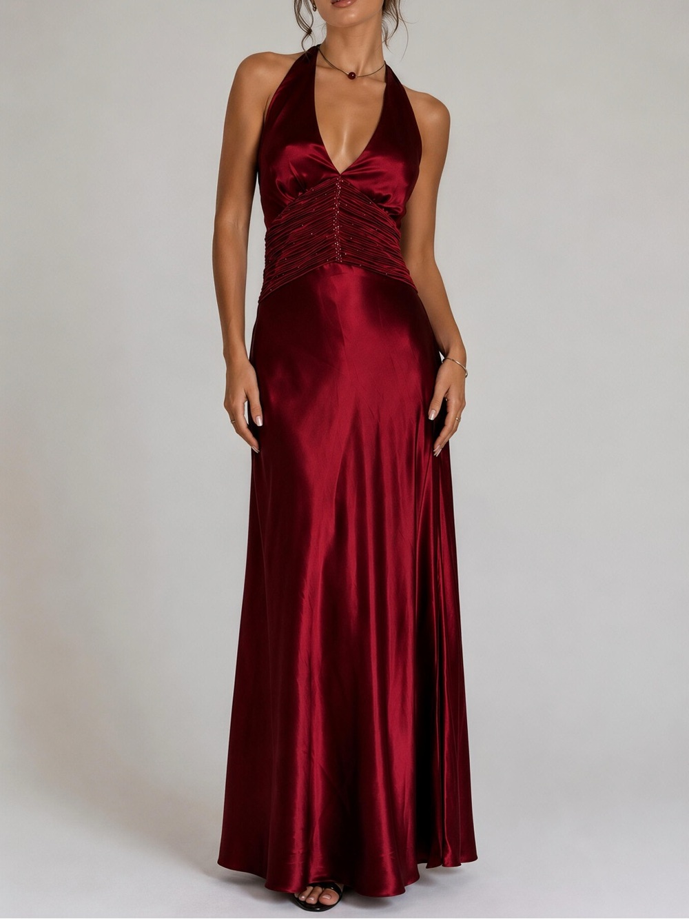Cinderella Halter Satin Maxi Dress in Burgundy
